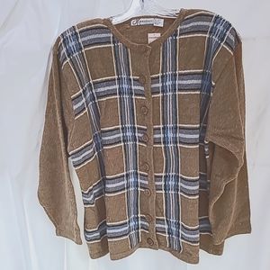 NWT Dressbarn woman 3x tan cardigan with front plaid of 3 shades of blue plus wh